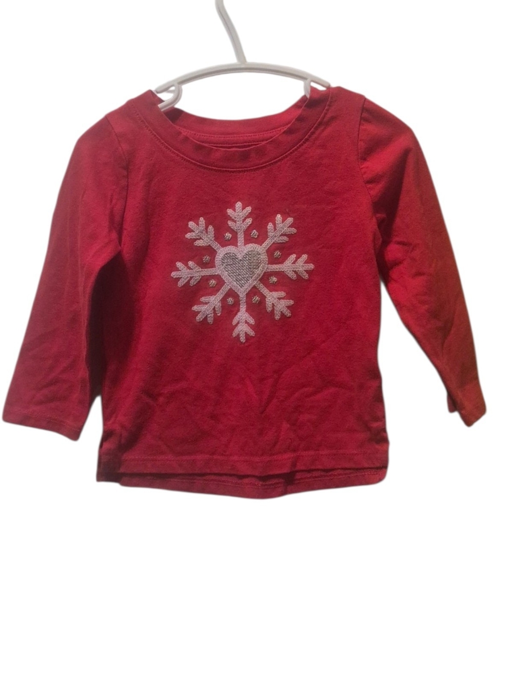Cat & Jack Red Long Sleeve Tee with Silver Snowflake Heart